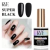 A KYE Gel Non-Stick Matte Top 0.5oz (HEMA FREE) bottle is shown next to a hand with shiny black nails, offering a safer choice and 15ml size.