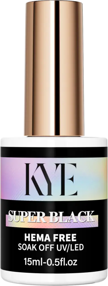 A bottle of KYE Gel Non-Stick Matte Top (HEMA FREE) with a gold cap, labeled "Soak Off UV/LED 15ml-0.5fl.oz".