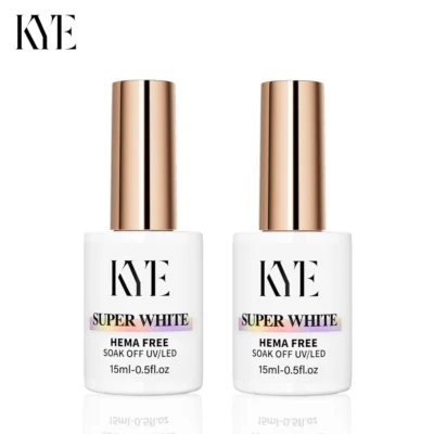 Two bottles of KYE Gel Non-Stick Matte Top 0.5oz (HEMA FREE) nail polish with gold caps are displayed against a white backdrop, showcasing a sleek matte finish.