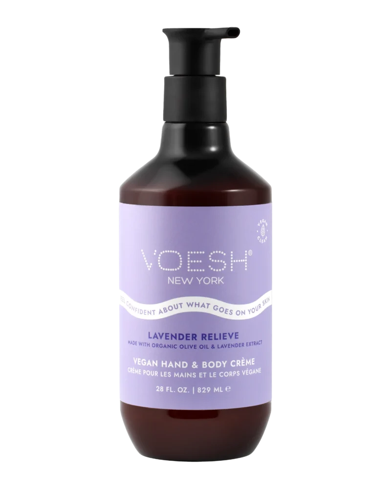 Enjoy the calming essence of Voesh Vegan Hand & Body Creme 28oz. This bottle, equipped with a pump dispenser and lavender-themed label, delivers a luxurious blend of moisture and relaxation for your skin.