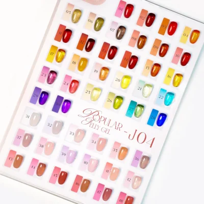 A display board featuring the full collection of 54 different shades of nail polish, including vibrant jelly gel options, each labeled with a number for easy identification.