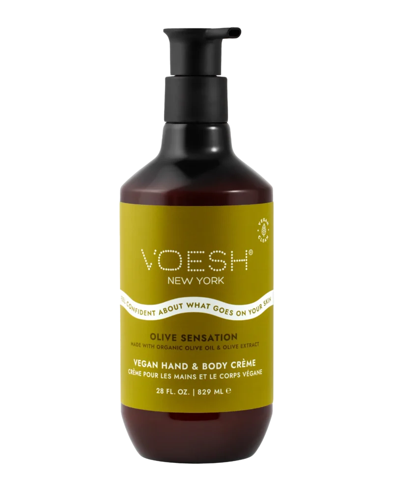 Experience the luxury of Voesh Vegan Hand & Body Crème, enriched with olive oil and extract, in a 28 fl. oz (829 ml) bottle.