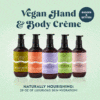 Five 28oz Voesh Vegan Hand & Body Crèmes, each with a unique label color and made from natural ingredients, stand in a row, offering luxurious care for your skin.