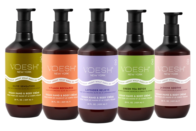 Five 28oz bottles of Voesh Vegan Hand & Body Creme in assorted scents including Olive, Vitamin C, Lavender, Green Tea, and Jasmine.